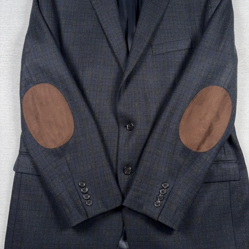 Lauren Ralph Lauren Plaid Wool Elbow Patch Blazer Mens Size 44R Navy Black